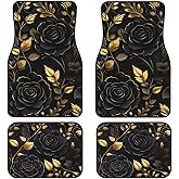 Artistic Fabric Car Floor Mats-Non-Slip Rubber Backing,Golden Flower Floral,Front & Rear Set-Water Absorbing, Durable Automotive Floor Mat Rug Liners with Stylish Patterns