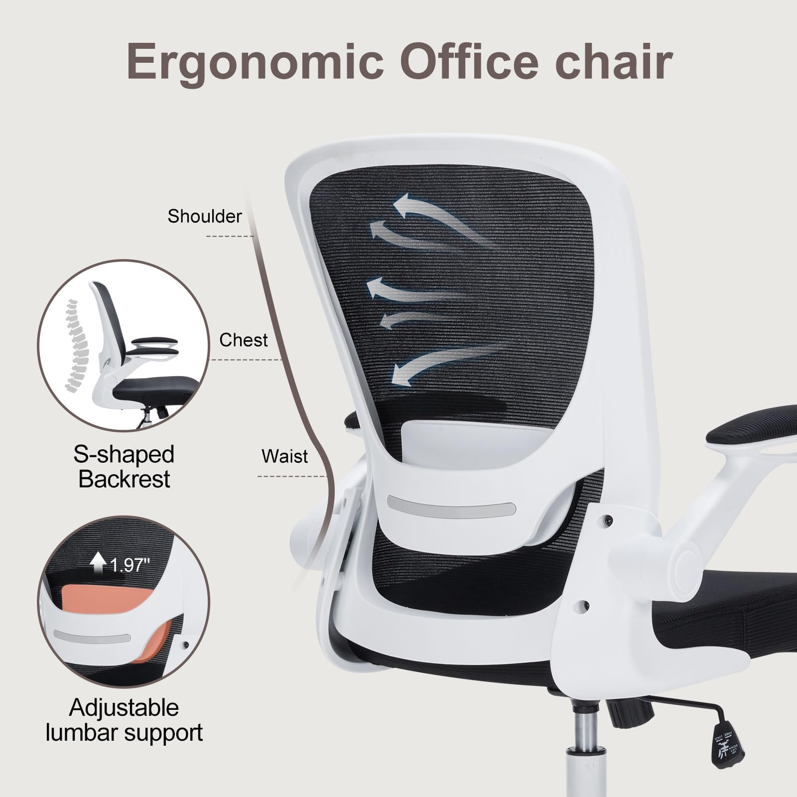 Mesh Office Chair Ergonomic Desk Chair with Adjustable Lumbar Support and Flip-up Arm Rocking Comfy Swivel Computer Task Chair for Home Office - Image 4