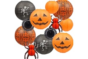 UNIQOOO 12Pcs Halloween Hanging Decorations Paper Lanterns, Jack-O'-Lantern Spider Skeleton Pumpkin for Indoor & Outdoor Spooky Home Decor, Party Supplies Props, 12" & 8" (Orange, Black)