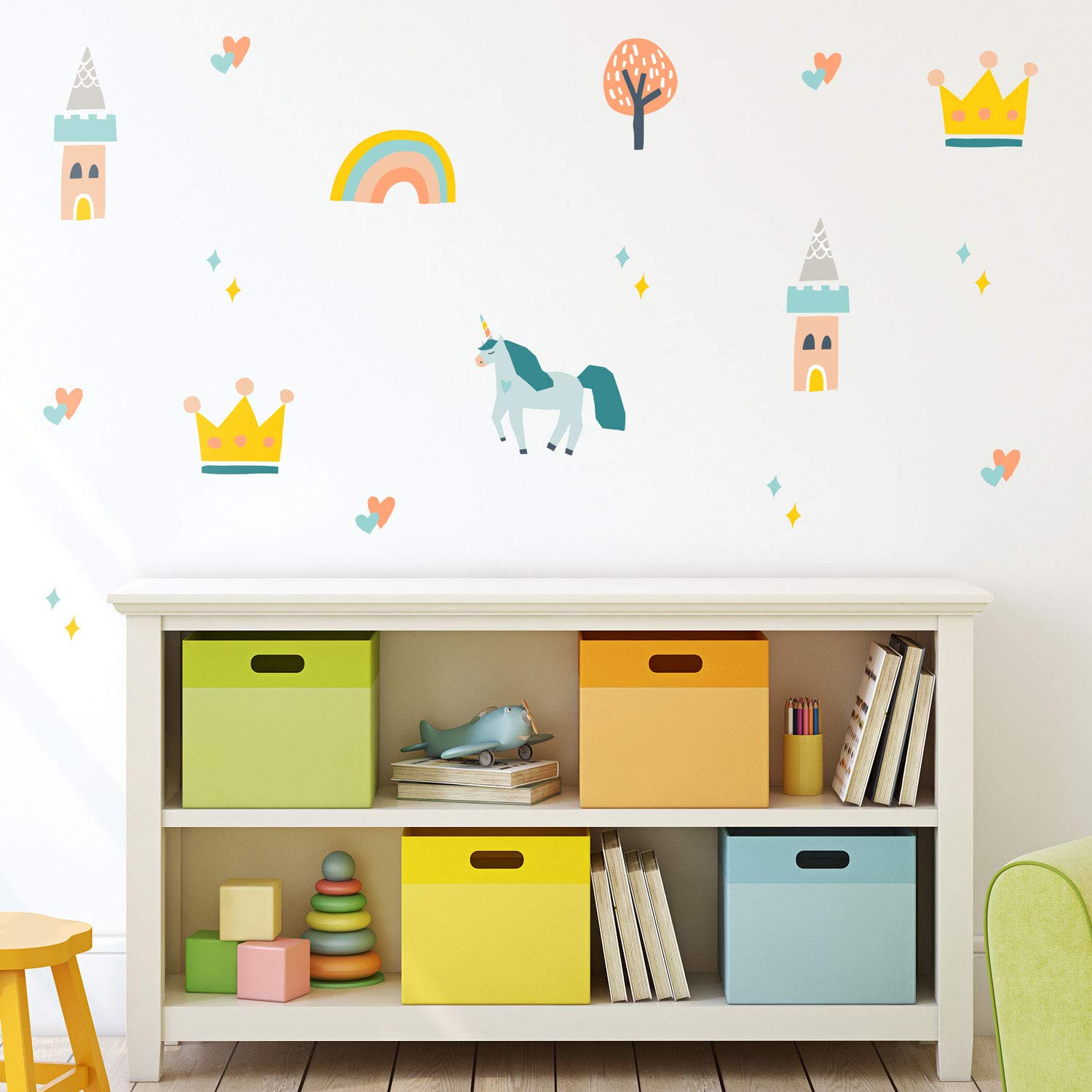 Stickerscape Unicorn Wall Stickers (Unicorns and Castles - Blue) | Easy to Apply and Cleanly Removable | 39 Stickers for Walls Included | Unicorn Bedroom Accessories