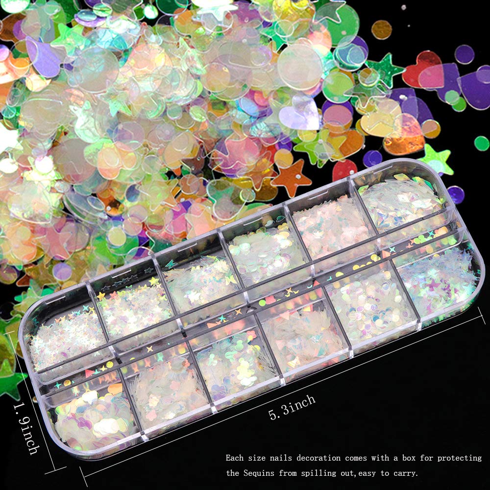 Tingbeauty 2Boxes 24Colors Holographic Nail Iridescent Sequins Colorful Flakes Nail Art Sticker Glitter DIY Decals Decoration for Face Body Eyes: Arts, Crafts & Sewing