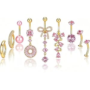 G&O JFU 9 Pcs Belly Button Ring Dangle Hypoallergenic Surgical Stainless Steel Heart Flower Pearl Bow Dangly Belly Rings for