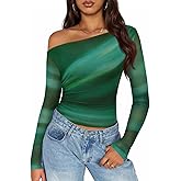 ZESICA Women's Floral Off Shoulder Long Sleeve Tops 2026 Spring Mesh Ruched Fitted Trendy Going Out Shirts Blouses