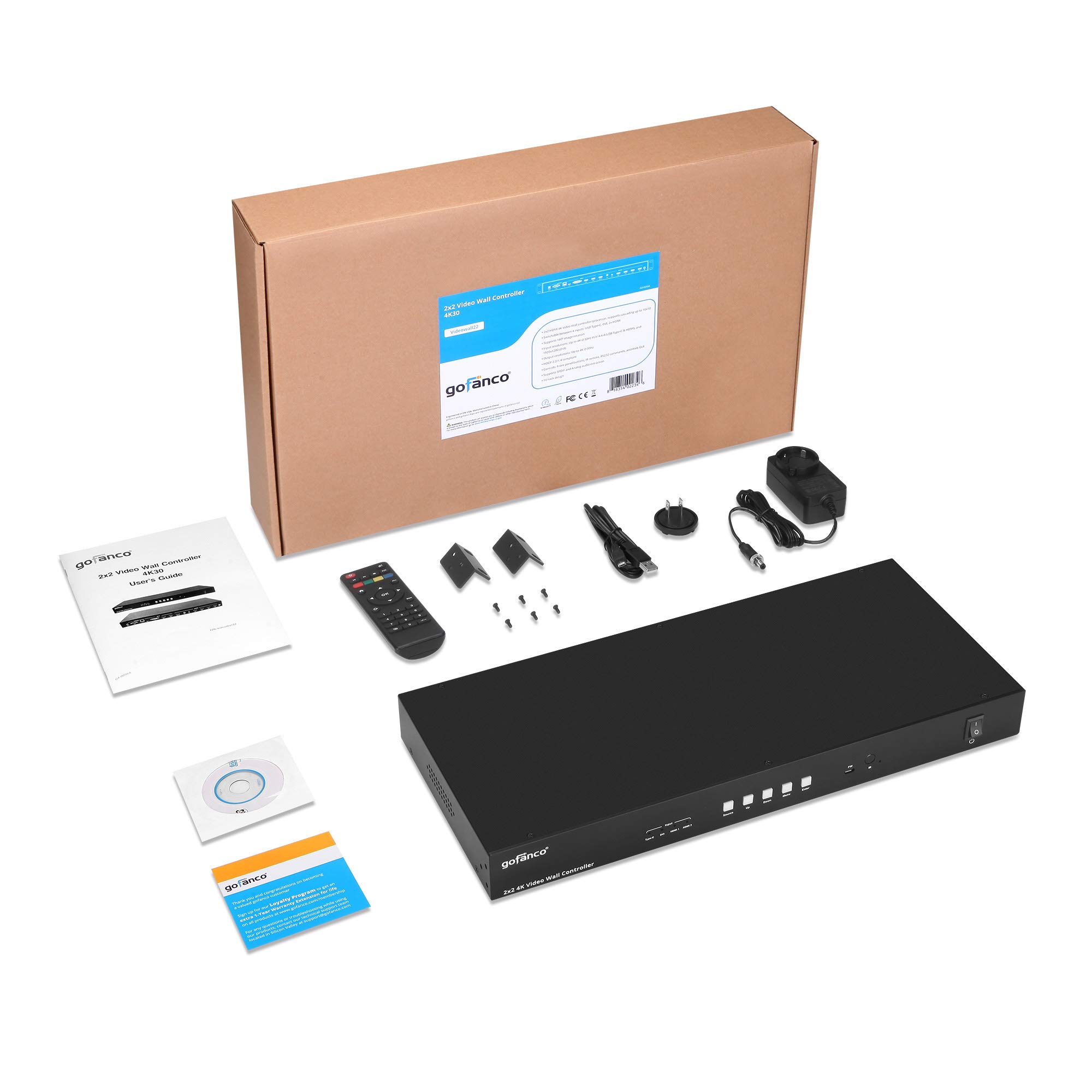 gofanco 2x2 Video Wall Processor– Up to 4K 30Hz, Four Switchable Inputs, 9 Modes, Cascade-able, Loopout, 180º Rotation, Edge Correction, 1U, Web GUI, S/PDIF Coax & Stereo Audio Extract (Videowall22)