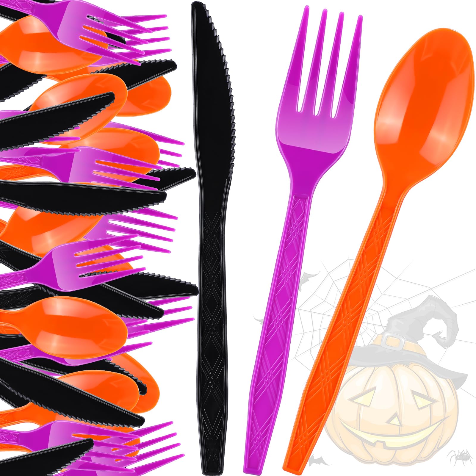 Photo 1 of Cunhill 300 Pieces Halloween Plastic Cutlery Forks Spoons Knives Utensils Set Colored Black Orange Purple Disposable Tableware for Halloween Party Supplies