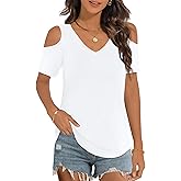 Elesomo Womens V Neck Cold Shoulder Tops Short/Long Sleeve Summer T Shirts Basic Tees