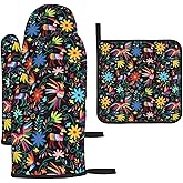 Mexican Folk Art Inspired Oven Mitts & Pot Holders Sets of 3, Polyester Heat Resistant Multicolor Kitchen Gloves and Hot Pads for Cooking Baking Grilling, Gift for Ethnic & Art Enthusiasts, Home Decor