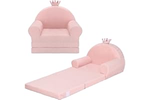 MONKISS Princess Toddler Chairs Comfy, 2-in-1 Fold Out Kids Sofa Bed, Cozy Toddler Couch, Baby Lounge Chair, Soft Mini Couch for Kids, 1-4 Years Old, Pink Crown