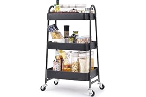 KINGRACK 3-Tier Metal Rolling Cart, Multi-Functional Storage Cart with Handle and Lockable Wheels, Utility Cart for Office, Bathroom, Kitchen, Black