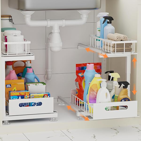 TOYEAR UNDER SINK ORGANIZER, HEAVY DUTY METAL PULL OUT CABINET ORGANIZER SLIDE OUT SINK SHELF ORGANIZER HEIGHT ADJUSTABLE, MULTI-PURPOSE STORAGE SHELF FOR KITCHEN BATHROOM(WHITE,2PACK)