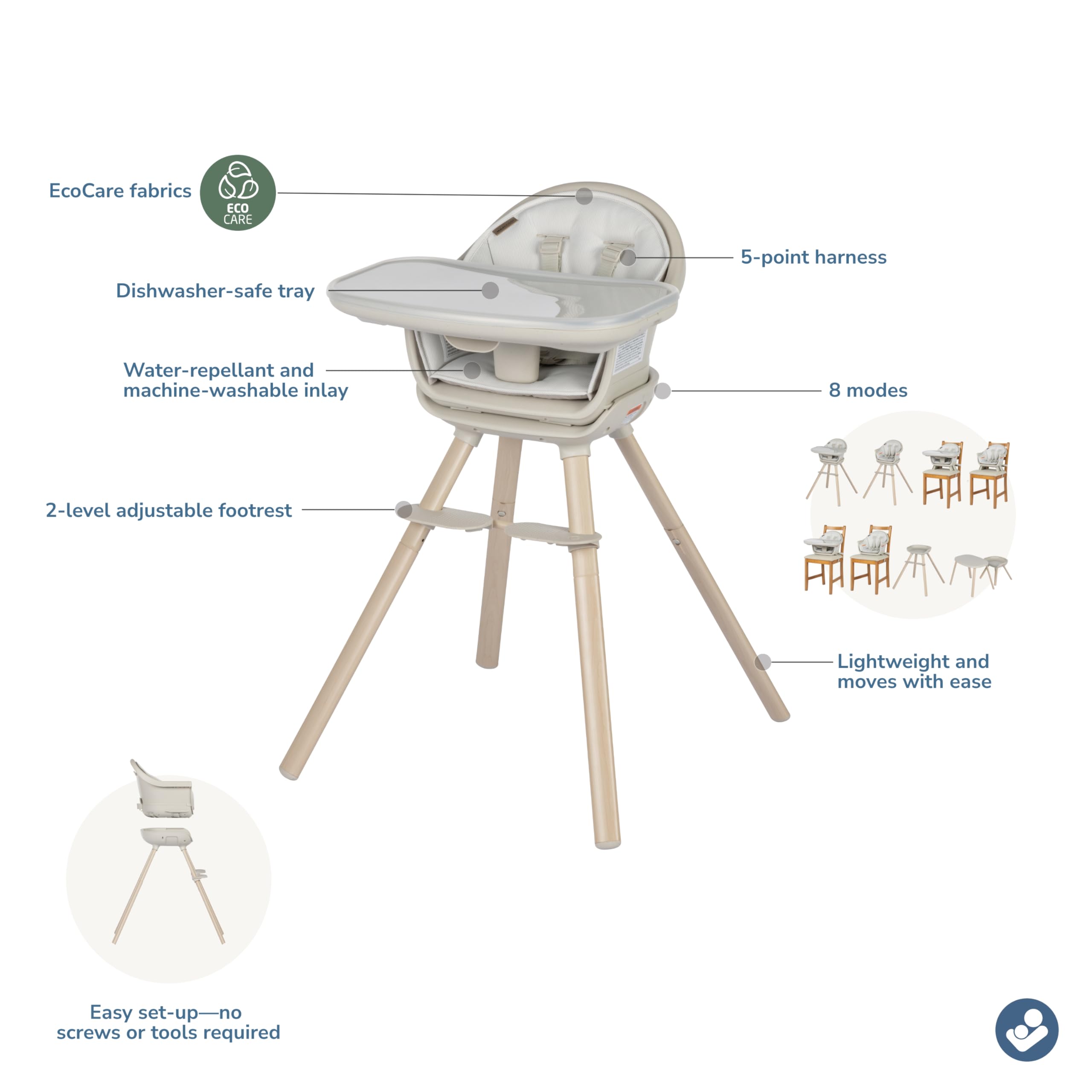 Maxi-Cosi Moa 8-in-1 High Chairs for Babies and Toddlers, Machine Washable Infant High Chair, Compact, Convertible High Chair Lightweight Design, Classic Oat