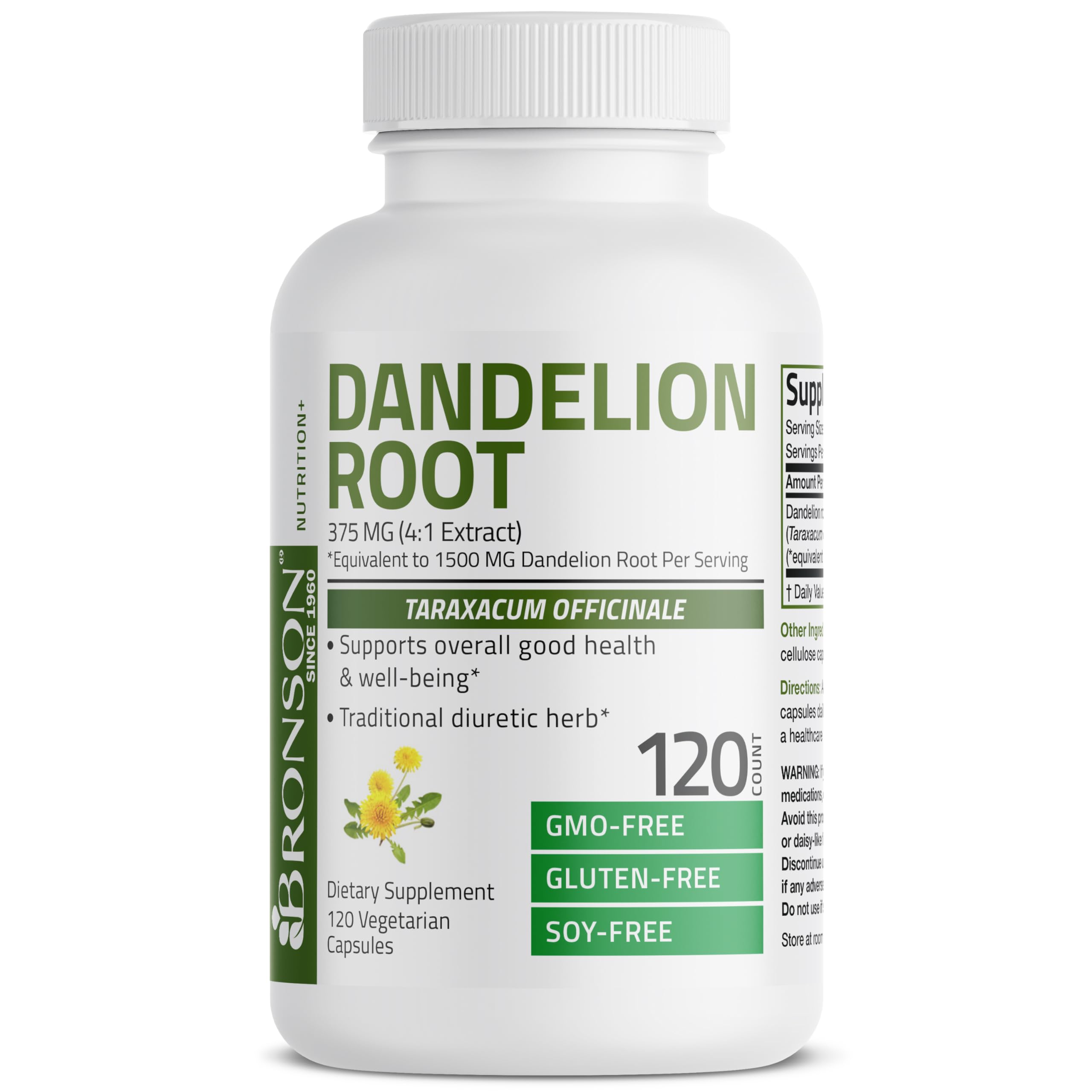 Bronson Dandelion Root High Potency Supplement, Supports Overall Good Health & Well-Being, Traditional Diuretic Herb - Non-GMO, 120 Vegetarian Capsules
