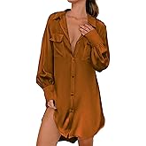 Ekouaer Women Satin Sleep Shirt Long Sleeve Nightgown Button Down Nightshirt Silk Sleepwear Soft Pajama Dress Sleep Dress