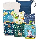 babygoal AWJ Cloth Diapers with Tummy Panel Pack of 13, 6 Diaper Cover with 6 Inserts and Wet Dry Bag, Adjustable Washable Reusable for Baby Girls and Boys