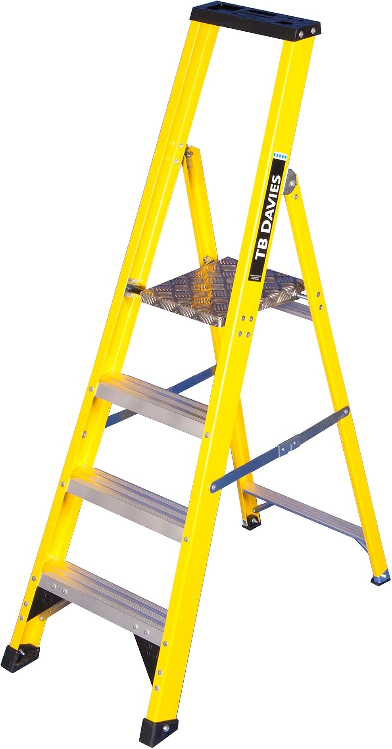 TB Davies 1236-004 Trade Electrician Platform Step Ladders, 4 Tread, Platform Height 1.0m, GRP Fibreglass, Built-in Tool Tray