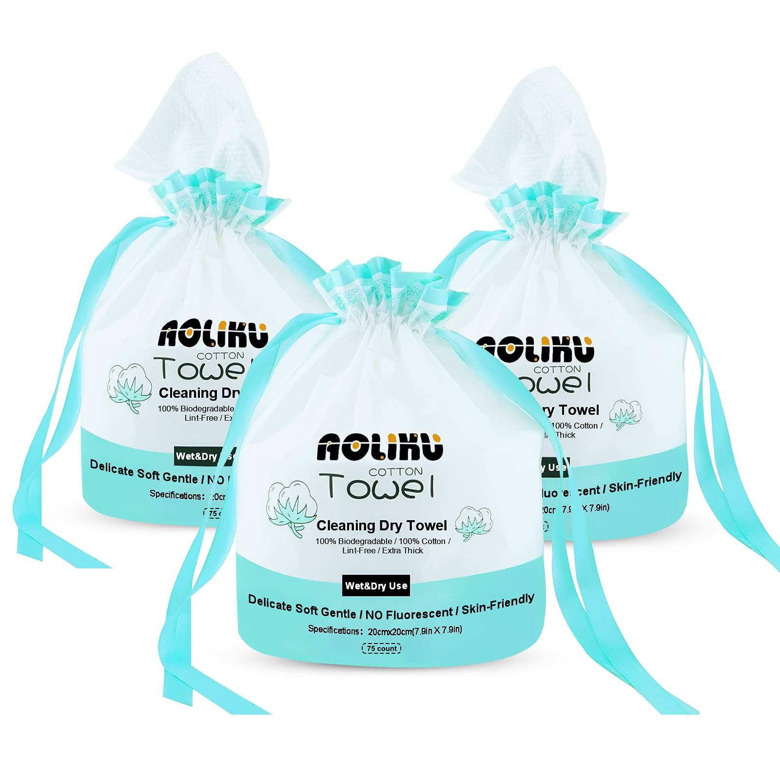 Disposable Face Towel-75 Count,Biodegradable 100% Cotton Facial Tissue,Non-Woven Fabric Perfect for Sensitive Skin Makeup Facial Towel,Extra Thick & Soft Cotton Beauty Towels (3 Pack 225 Count)