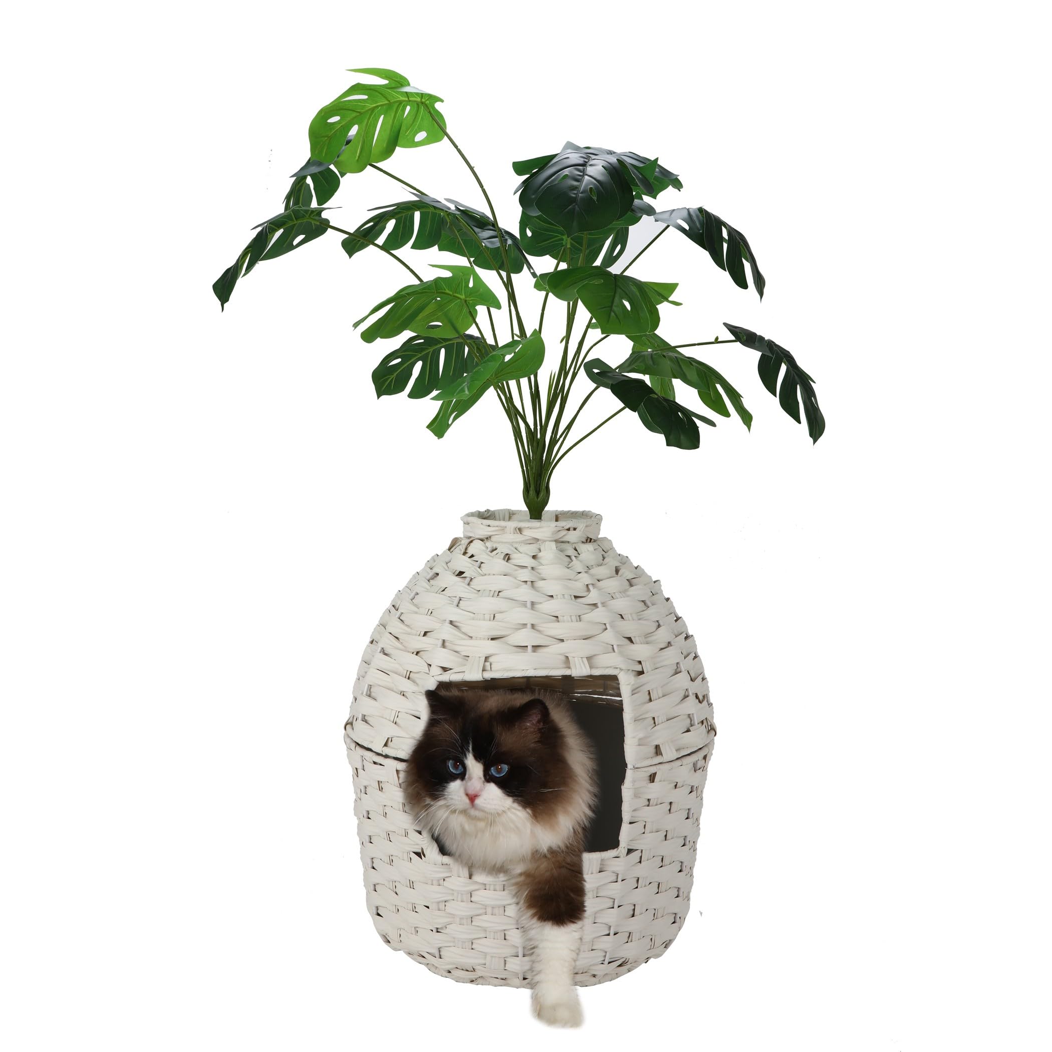 Photo 1 of Petsome Cat ter Box Enclosure with Fake Plant, Plant Hidden Litter Box for Large Cat, Handwoven Rattan Kitten Litter Box Enclosure with Litter Box Inside (White, 16.4Dx19H)