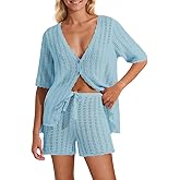 Saodimallsu Women Crochet 2 Piece Swimsuit Cover Up Short Sleeve Knit Tops Shorts Sets Summer Beach Vacation Outfit