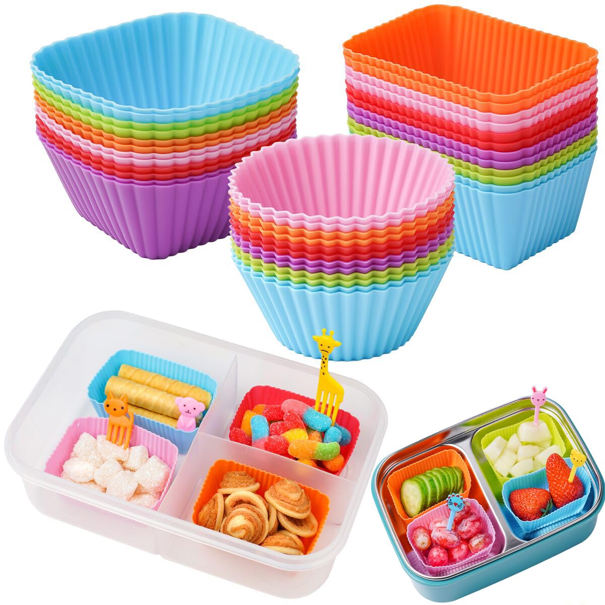 Silicone Cupcake Muffin Baking Cups Liners, 24 Pack Reusable Non-Stick Cake Molds Sets Bento Box