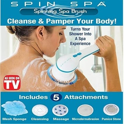 MORADIYA FRESH (LABEL) 5-in-1 Electric Bath Spin Spa Massage Shower Brush Cleaning System with Long-Handle (White)