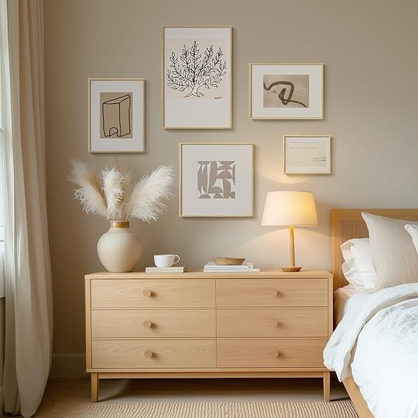 FRAMED MATISSE ABSTRACT NEUTRAL WALL ART, 5 PIECE LARGE BEIGE CANVAS PRINTS SET, MODERN MINIMALIST GEOMETRIC BOTANICAL PAINTINGS FOR LIVING ROOM, BEDROOM, HALLWAY, HOME OFFICE, GUEST ROOM