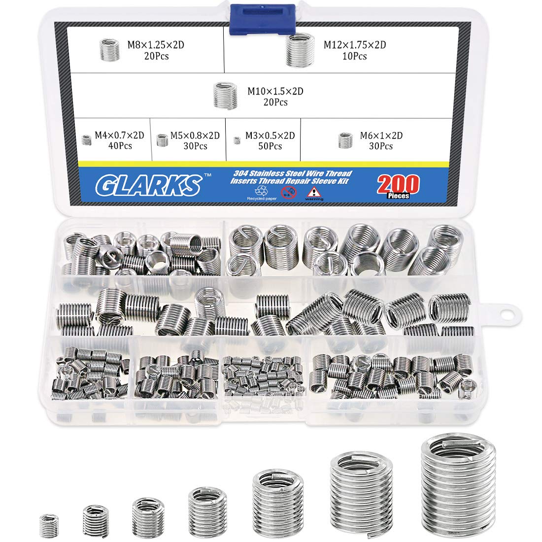 Glarks 200Pcs Wire Inserts Screws Sleeve Assortment Kit, 304 Stainless Steel Metric M3 M4 M5 M6 M8 M10 M12 Wire Thread Inserts Helical Type Coiled Wire Screw Repair Sleeve for Automotive Repairs