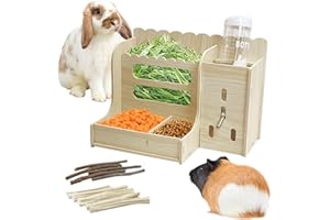 Hamiledyi Rabbit Hay Feeder Guinea Pig Food Holder Bunny Wooden Food Bin Feeder with Water Bottle Small Animals Hay Manger Wood Food Bowls for Guinea Pigs Rabbits Chinchillas Bunnies