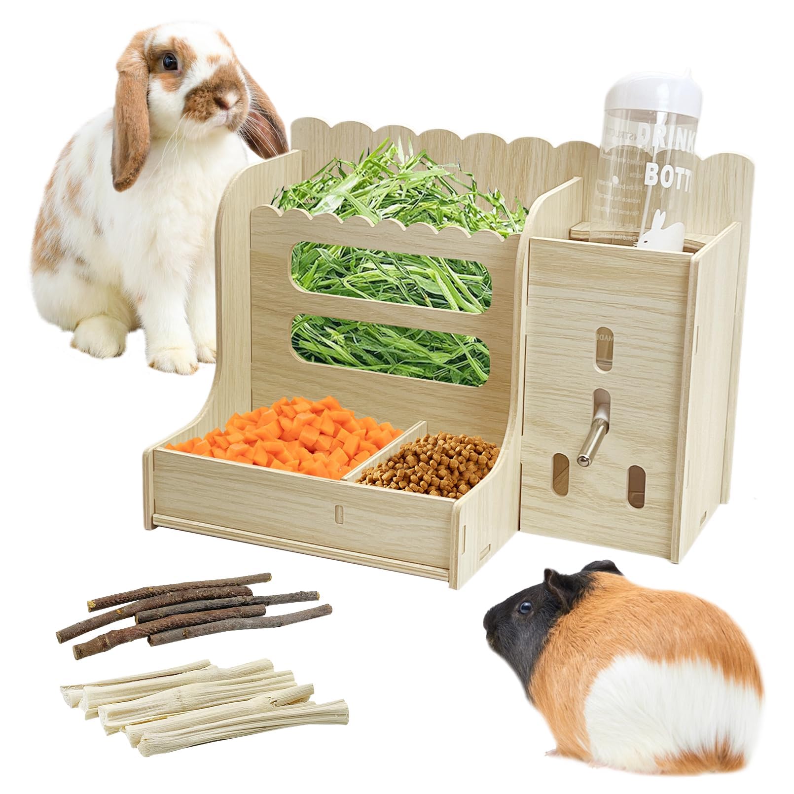 Photo 1 of Hamiledyi Guinea Pig & Rabbit Hay Food Bin Feeder with Water Bottles & Wooden Hay Rack for Small Animals