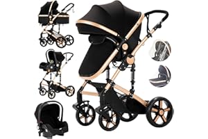 Magic ZC 3 in 1 Baby Travel System Infant Baby Stroller Pushchair High Landscape Reversible Foldable Portable Standard Stroller Newborn Pram Buggy Reclining Baby Carriage (588 Black Gold-2)