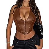 Benfoly Women's Y2K Leather Halter Top Backless Corset Bustier Top Lace Up Sexy Going Out Crop Tank Halter Neck Party Club