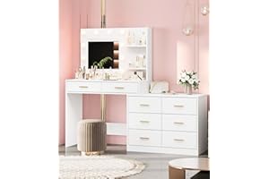 Vanity Desk Table with Lighted Mirror 61“ Girls Makeup Vanity with 8 Stroge Drawers, 3 Colors Lighting Adjustable,Brightness 
