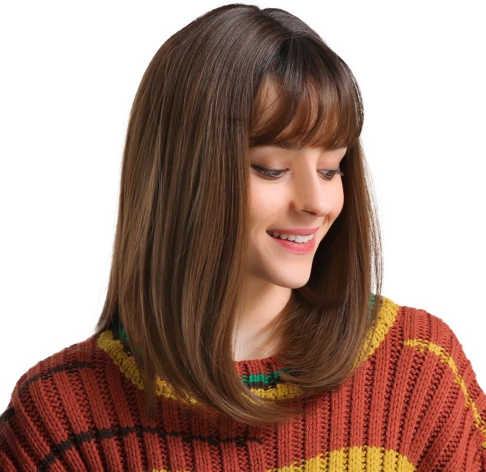 EMMOR Brown Bob Hair Wigs for Women Natural Wigs With Fringe Bangs Heat Resistant Synthetic Wigs, Ombre Brown - Image 4