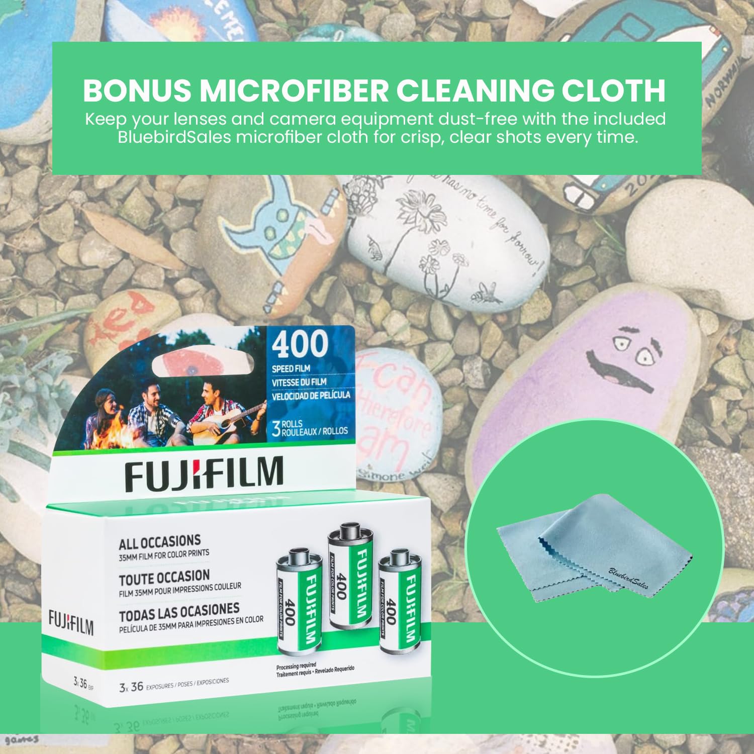 FUJIFILM 400 Color Negative Film (35mm Roll Film, 36 Exposures, 3-Rolls) + BluebirdSales Microfiber Cleaning Cloth