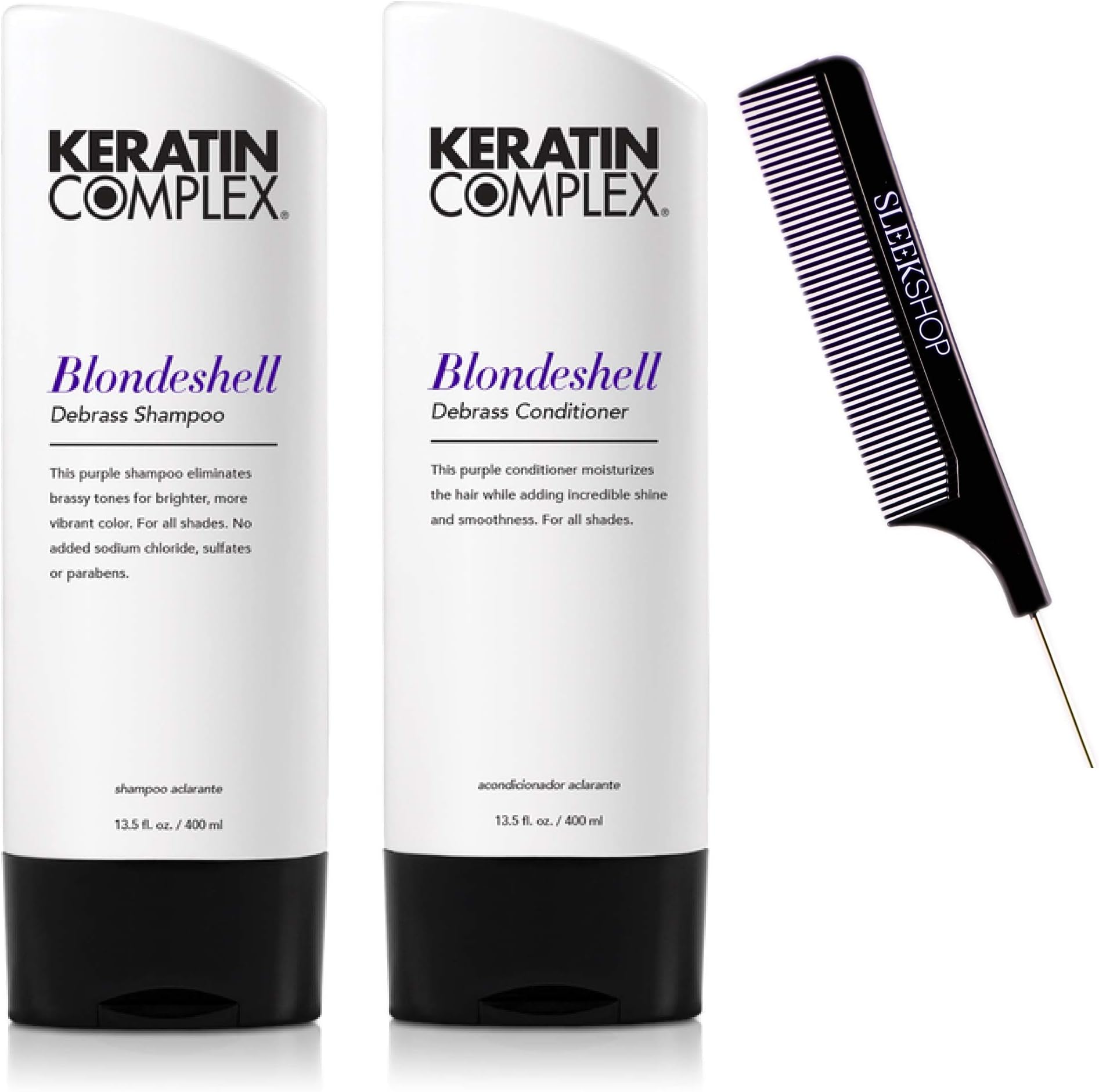 Keratin Complex BLONDESHELL DEBRASS & BRIGHTEN Shampoo & Conditioner DUO SET (Stylist Kit) Violet Purple Shampoo for Yellow, Blonde, Silver, Brassy Hair (DUO - 13.5 oz / 400 ml)