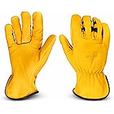 Bear Knuckles Leather Work Gloves for Men D357 Large. Cowhide Work Gloves with Pre-Curved Finger Design. Water Resistant Leather Gloves for Construction, Yardwork, Ranching & DIY