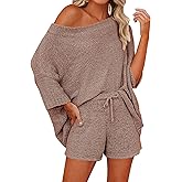 Mafulus Women's 2 Piece Outfits Sweater Sets Off Shoulder Knit Top Shorts Matching Suits Cute Pajama Lounge Set