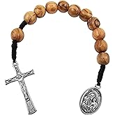 TALISMAN4U Sacred Heart of Jesus Miraculous Medal One Decade Pocket Rosary 10 mm Olive Wood Prayer Beads Open Style Tenner Rosaries for Men Women Handmade Catholic Gift Linen Rosary Pouch