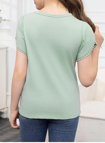 BLIBEAN TEEN GIRL SHIRT PRETEEN KID SHORT SLEEVE BLOUSE SOLID PLAIN SUMMER TOP FASHION CASUAL TEE CLOTHES DRESSY OUTFIT FANCY TSHIRT SIZE 10-11 YEAR OLD GREEN