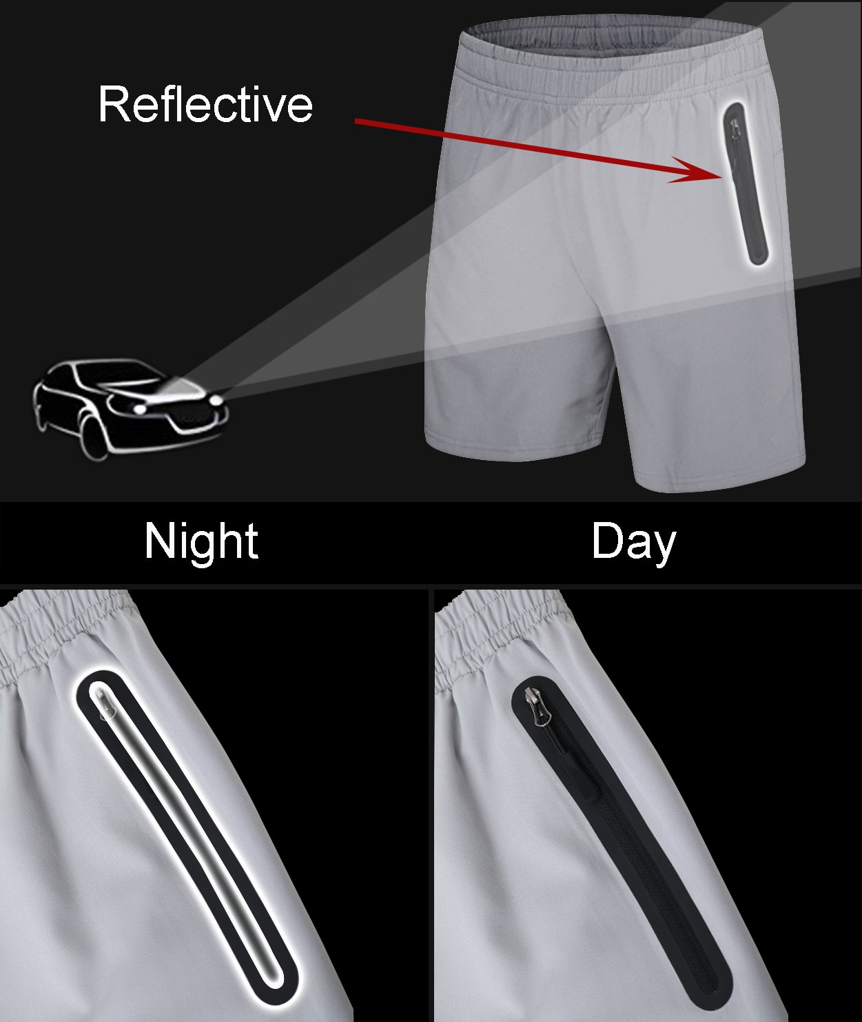 SuperArt Men\'s Gym Shorts Outdoor Sports Running Beach Shorts Lightweight Quick Dry Shorts Reflective Zipper Pockets (Light Grey, Large)