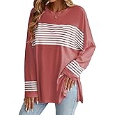 Famulily Womens Cute Striped Tunic Shirts Casual Long Sleeve Crewneck Shirt High Low Side Split Hem Loose Oversized Tees