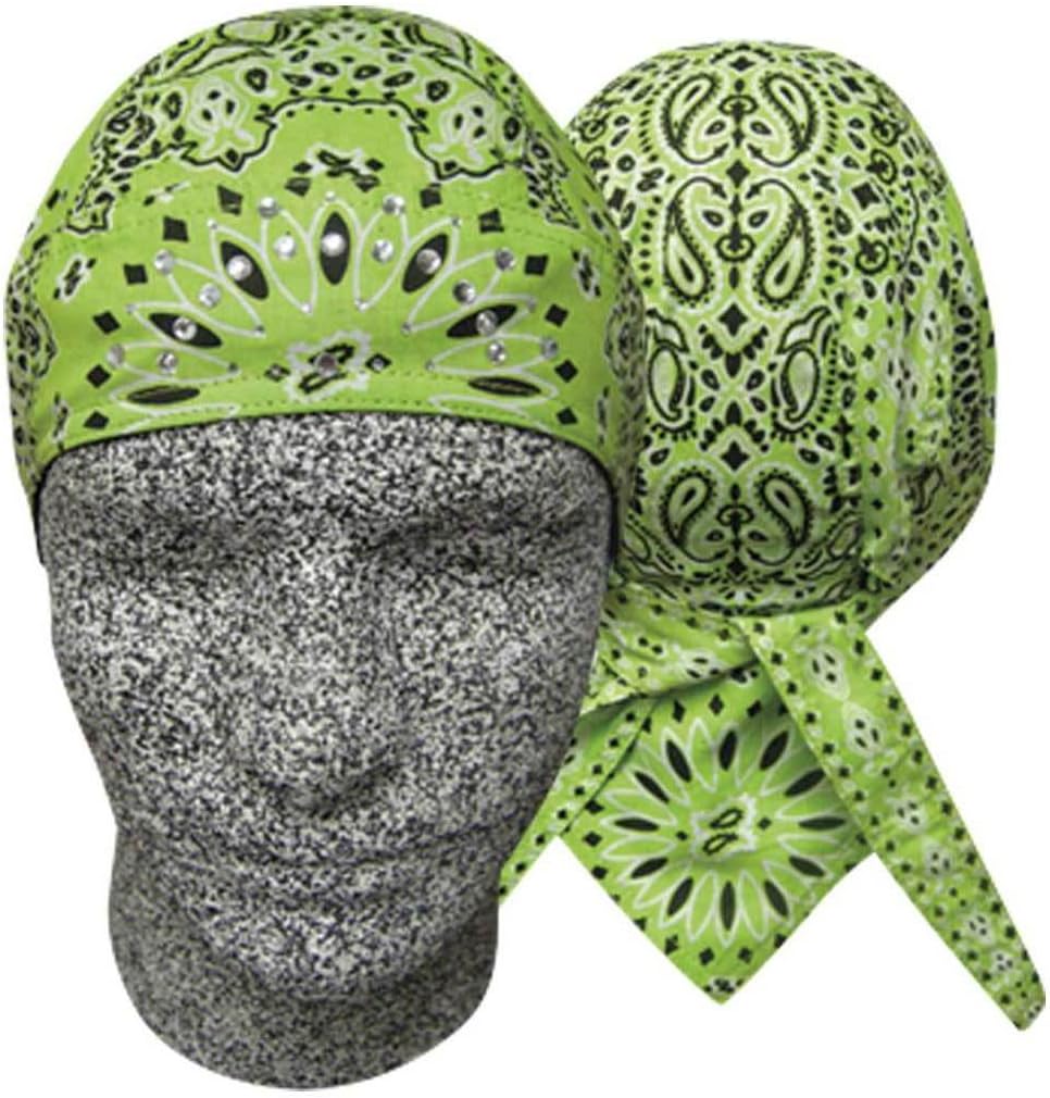 Lime Green Paisley Head Wrap Durag Biker Skull Cap Cotton with Sweatband and Rhinestones