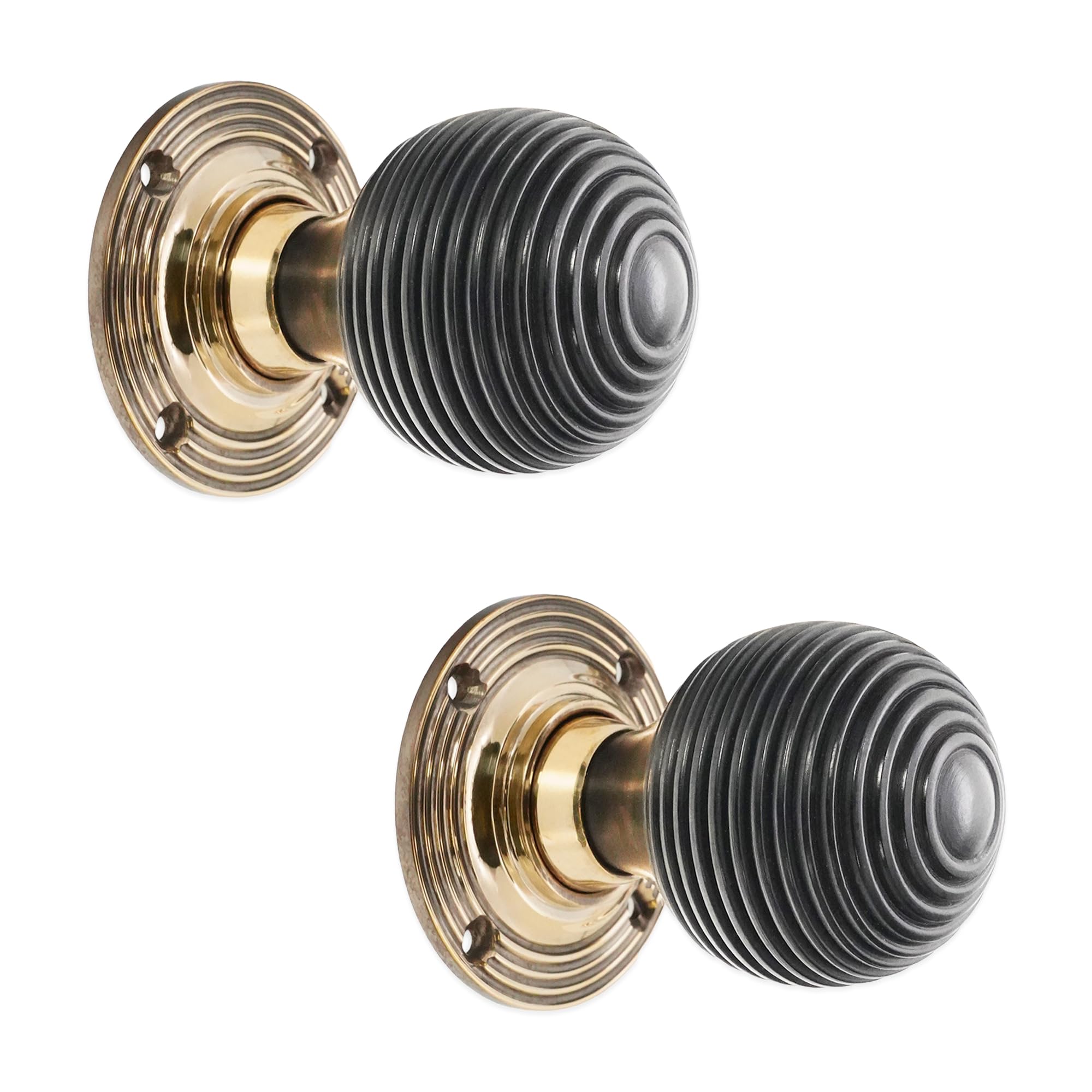 Infinity Decor Victorian Pure Ebony Wooden Beehive Mortice Rim Door Knobs Pull Handles on Aged Brass Rose 55mm – Ideal for Interior & Exterior Use