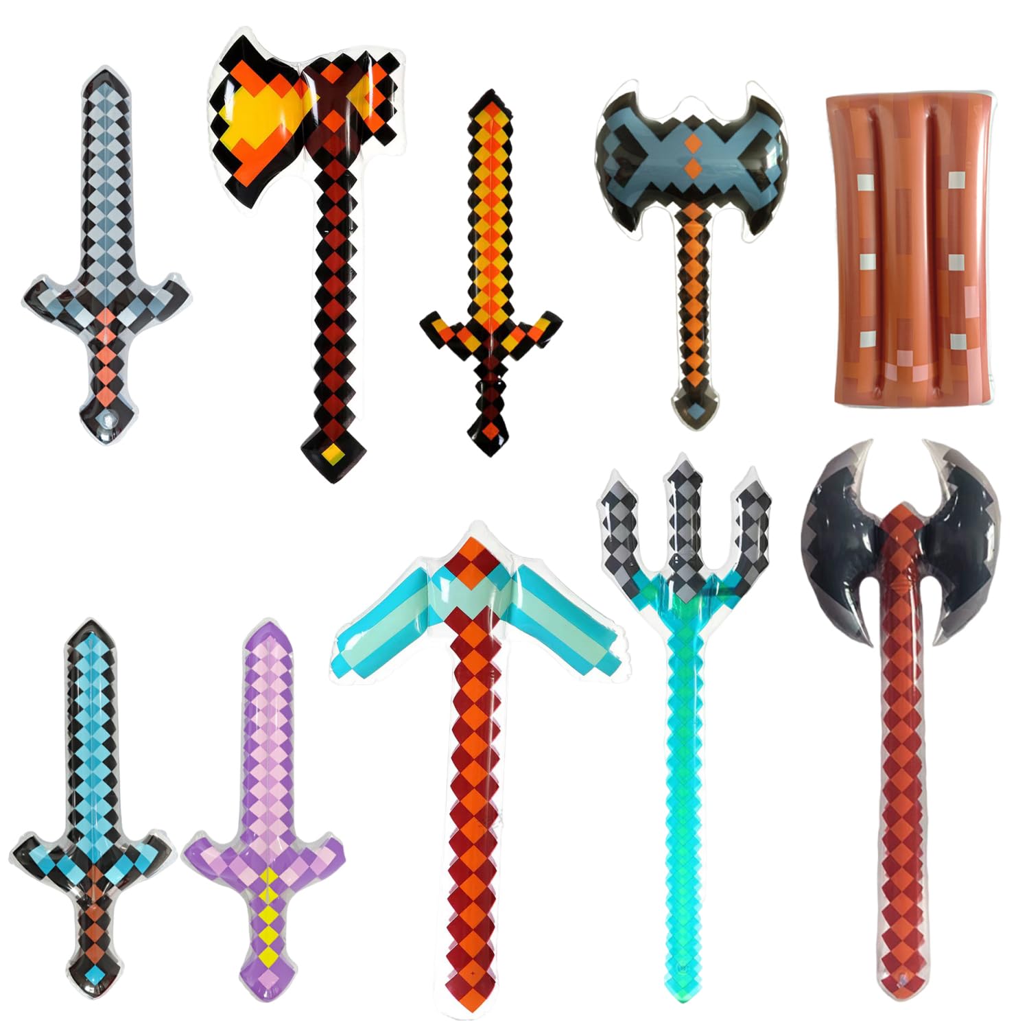 10 Pcs Inflatable Pixel Weapon Toy Set, Includes Pixel Swords, Axes, Trident, Pickaxe & Shield, Ultimate Gamer Theme Birthday Party Supplies, Pixelated Costume Props & Pool Toys for Fans