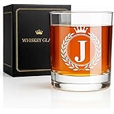 Giftissimo Whiskey Glasses - Rocks Old Fashioned Glass Gifts for Men, Monogrammed A-Z 10oz Personalized Whisky Glasses, Christmas Birthday Gifts for Men Him Dad Father Husband Brother Son (J)