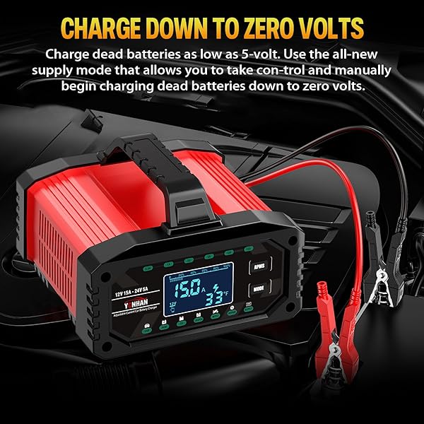 YONHAN BATTERY CHARGER 0-15A 12V/24V ADJUSTABLE CURRENT LIFEPO4 CAR BATTERY CHARGER, BATTERY MAINTAINER AUTOMATIC TRICKLE CHARGER, BATTERY DESULFATOR W/TEMP COMPENSATION