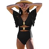 SPORLIKE Women Ruffle One Piece Swimsuit Hole Cut Bathing Suit Padded Tie Back Monokini