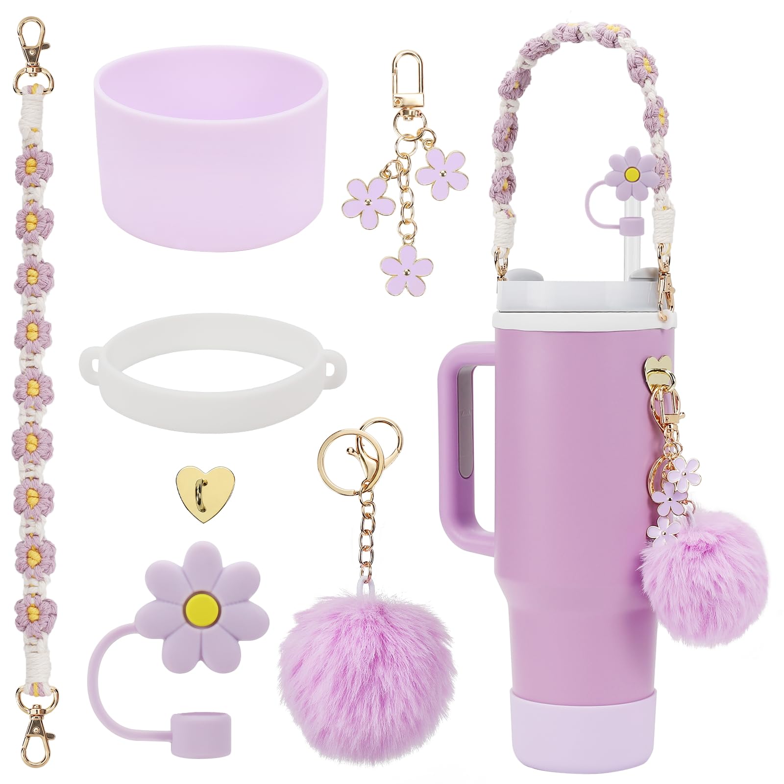 Photo 1 of Stanley Cup Accessories Set Including 1 Pcs Water Bottle Handle Strap, 1 Pcs Siliocne Stanley Cup Boot, 1 Pcs Siliocne Straw Cover, 2 Pcs Stanley Charms for Stanley Cup 40oz & 30oz Tumbler (Purple)…