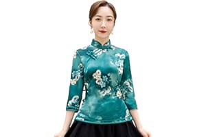 Shanghai Story Faux Silk Cheongsam Top Qipao Shirt Chinese Blouse with Black Linen Skirt