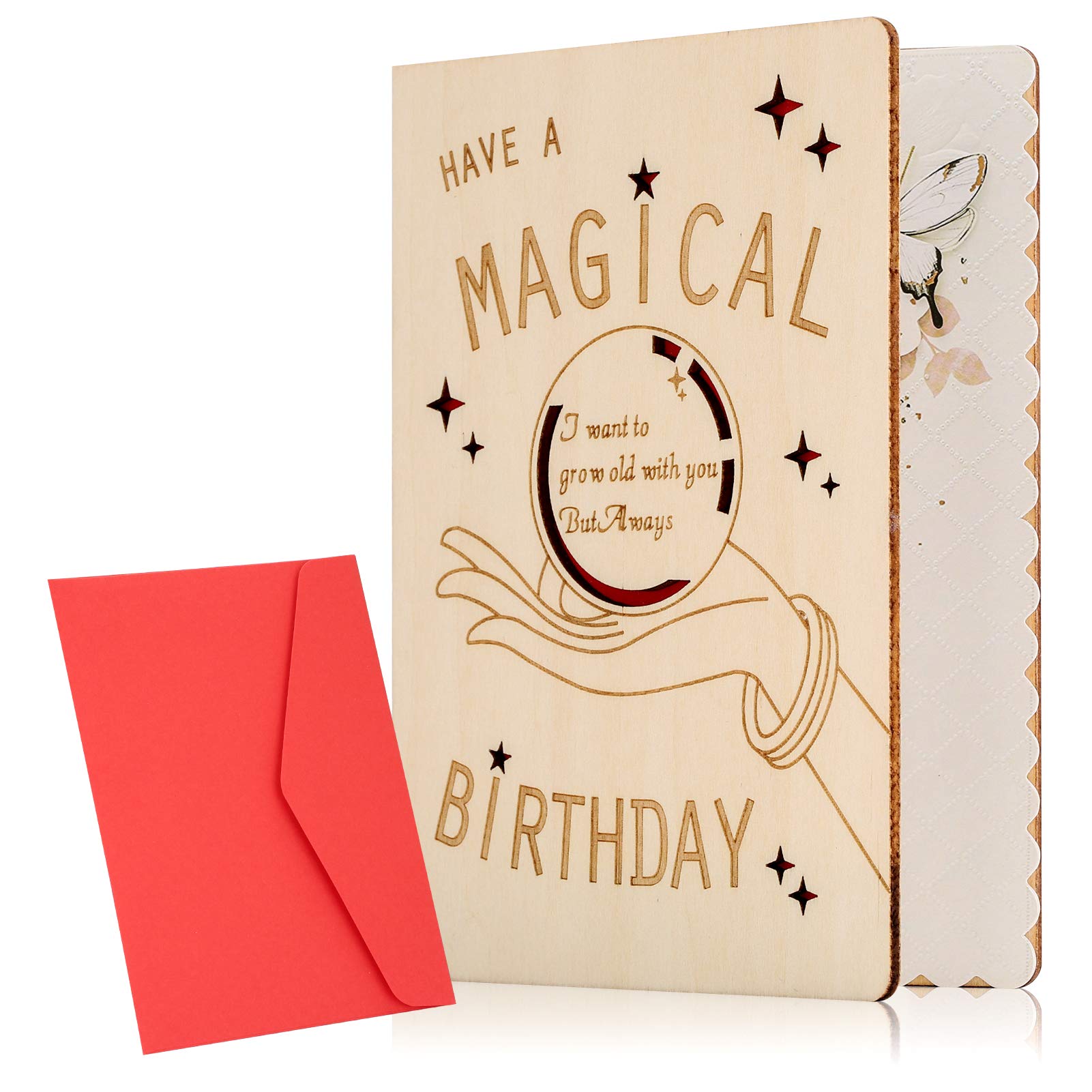 Wooden Wife Birthday Card,Birthday Card for Wife Luxury and Romantic,Happy Birthday Wife Cards from Husband, Wooden Greeting Cards for Wife's Birthday,Handmade Wood Cards with Envelope