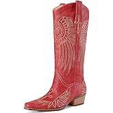 RONILURN Womens Knee High Boots Cowboy Cowgirl Tall Western Boots Pull On Square Toe Low Chunky Heel Retro Dress Ladies Comfortable Embroidered Boot